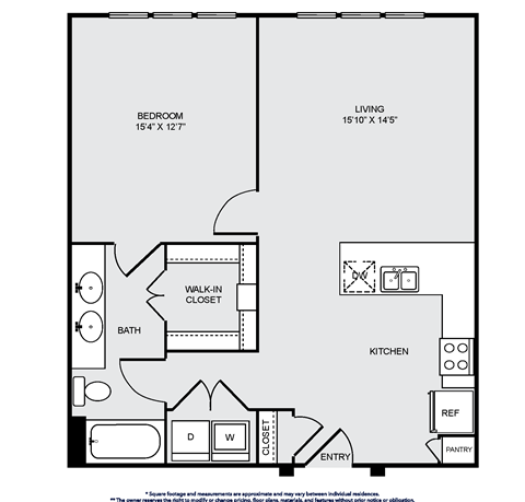 Floor plan for 1 bed, 1 bath, 810 sqft